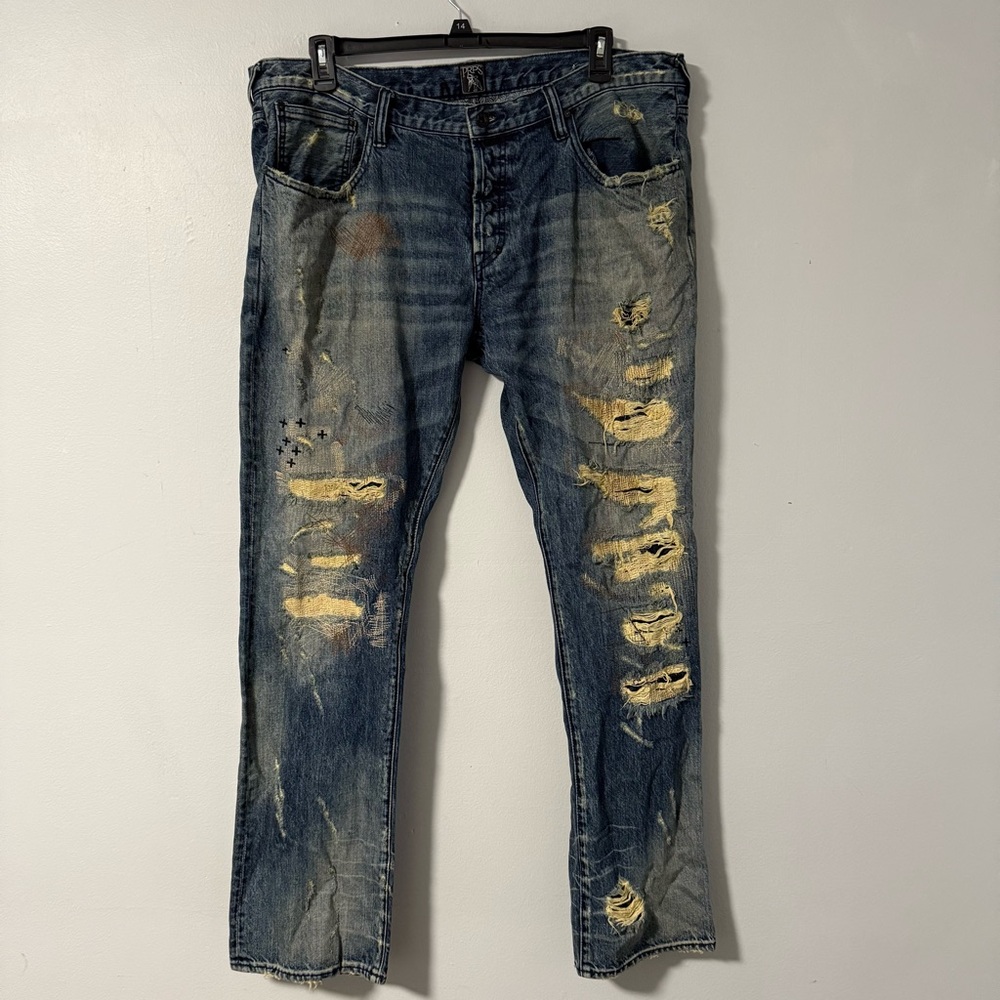 PRPS Men's Distressed Jeans 42x34.5 Destroyed Denim Button Fly Vintage‎ Wash